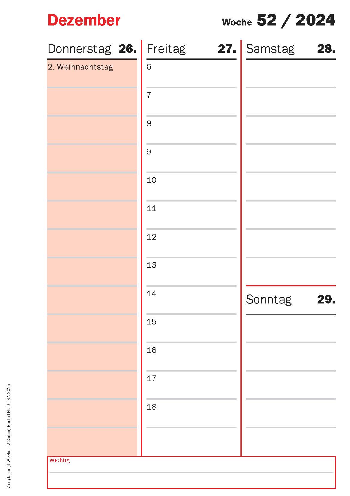 Timer-Kalenderteil 2025 (1 Woche - 2 Seiten)